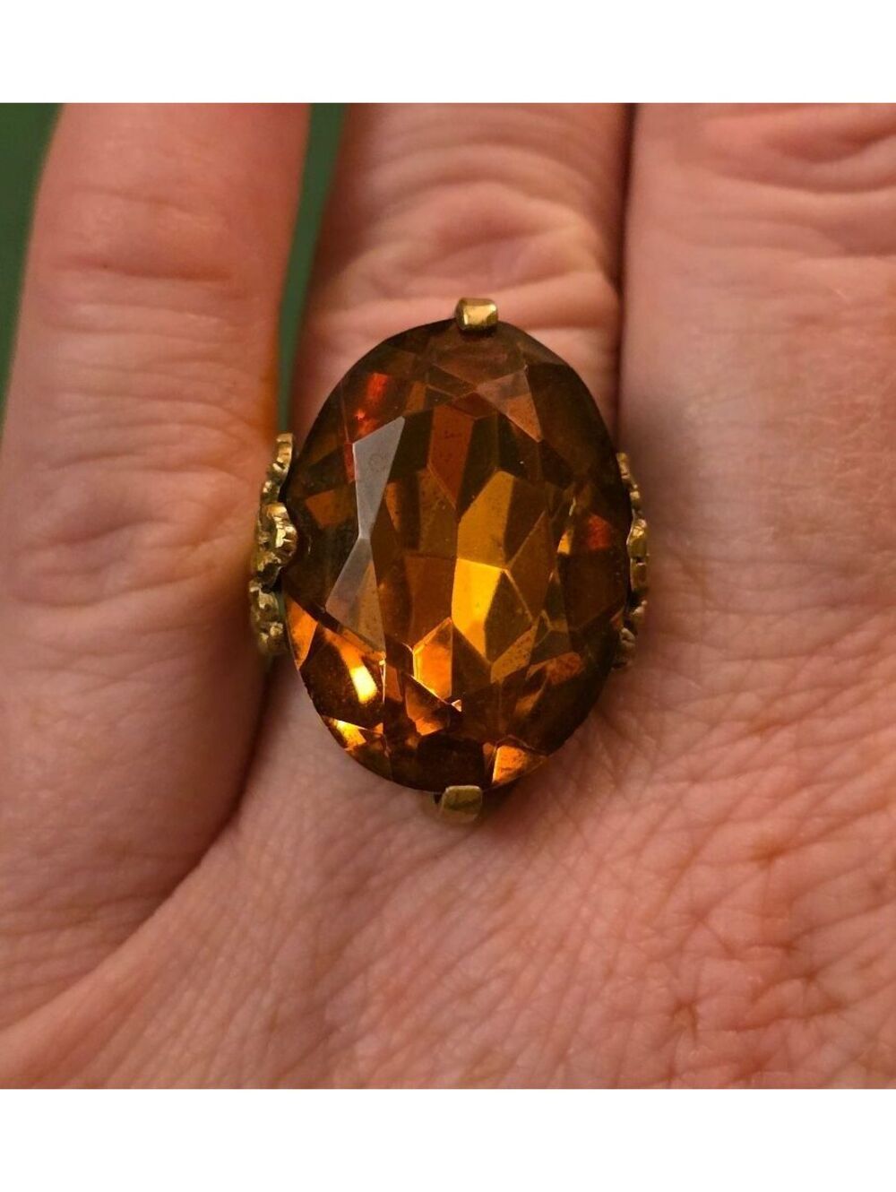 Vintage Oversized Amber Glass Statement Cocktail Ring Floral Prong Adjustable